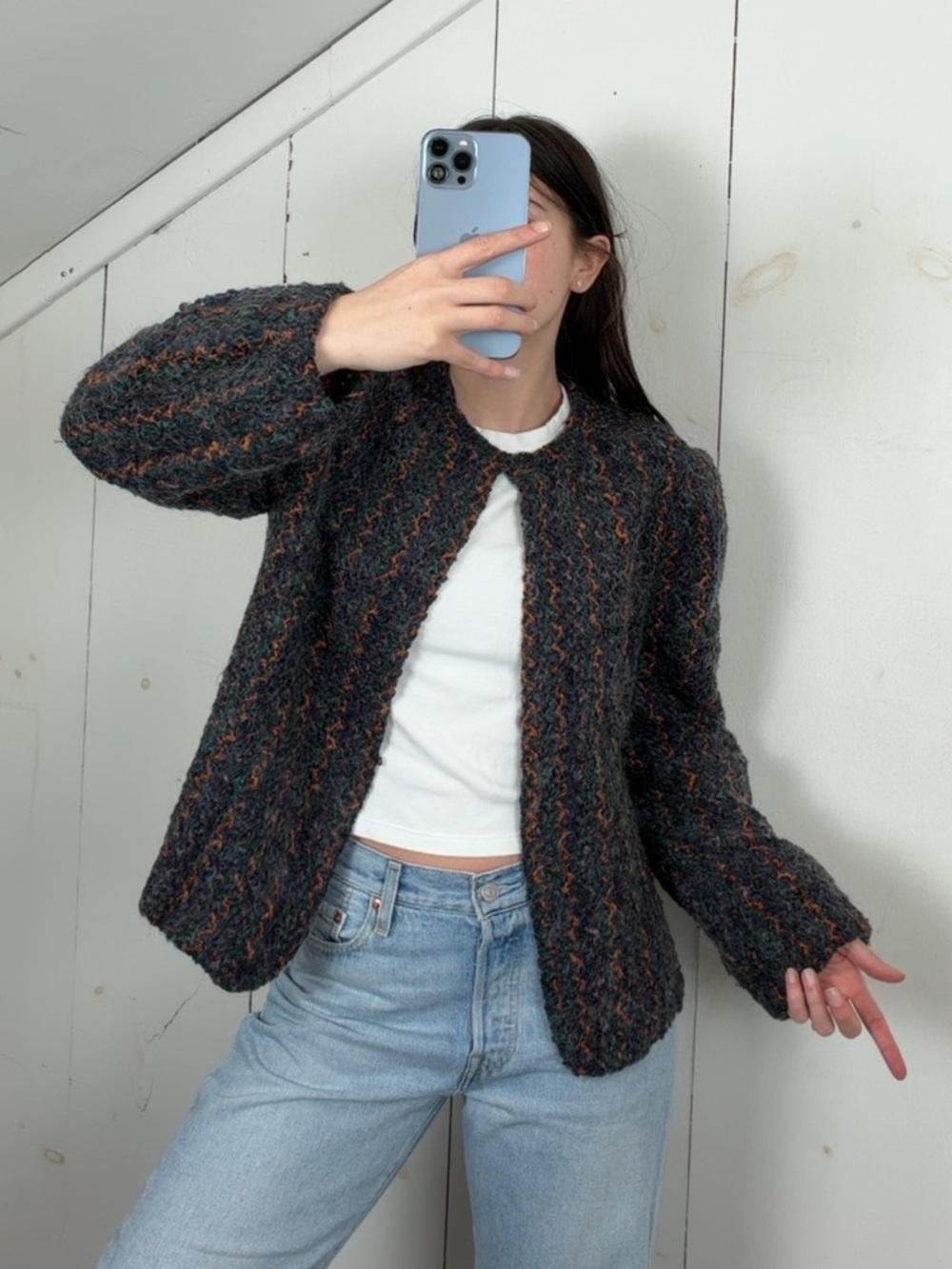 Vintage Open Front Mohair Blend Cardigan Sweater Jacket‎ Women’s L Colorful Knit